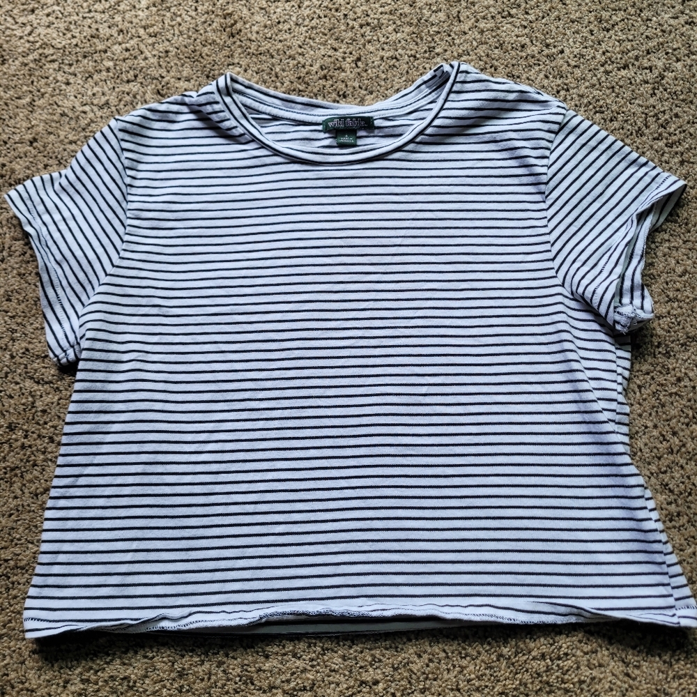Wild Fable Womens Crop Top T Shirt S  Black White Stripped Short Sleeve Preppy